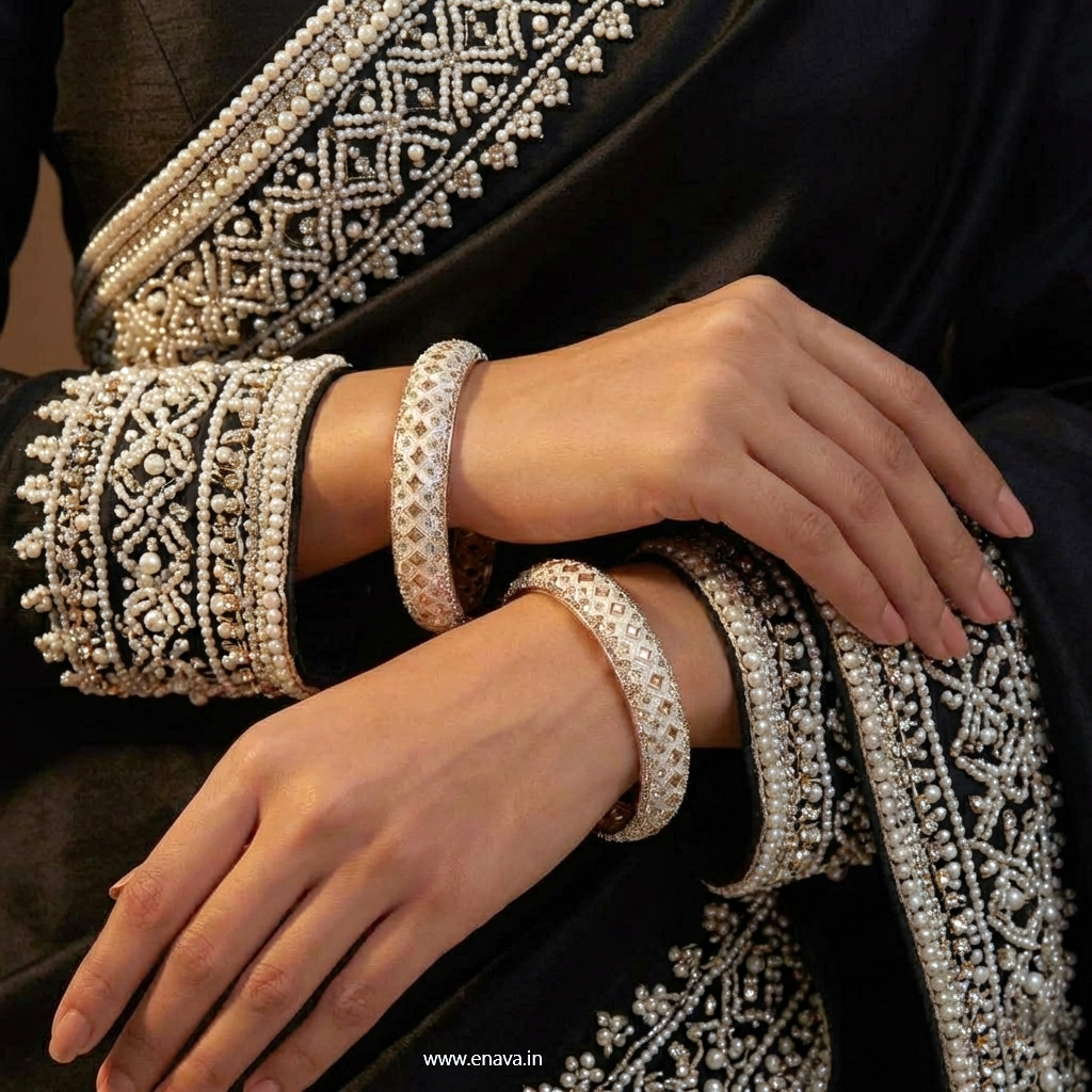 Ivory White Pearl & Kundan Single Diamond Stone Kada Bangles by Enava