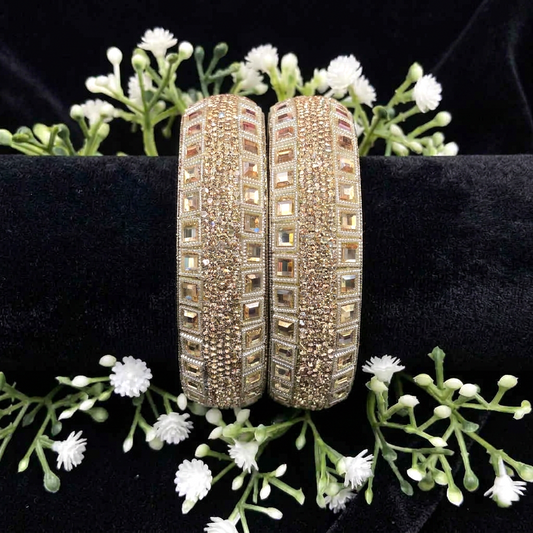 Ivory White Pearl & Kundan Stone Kada Bangles by Enava