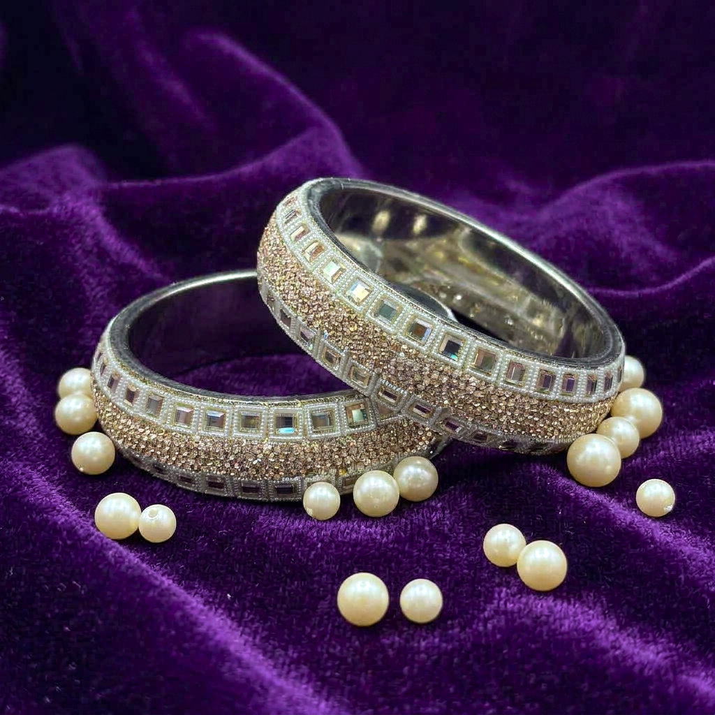 Ivory White Pearl & Kundan Stone Kada Bangles by Enava