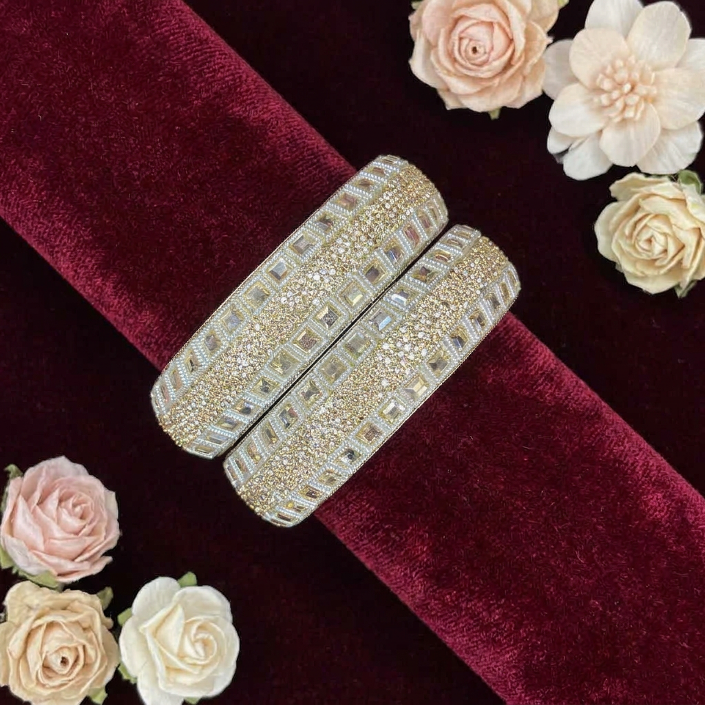 Ivory White Pearl & Kundan Stone Kada Bangles by Enava