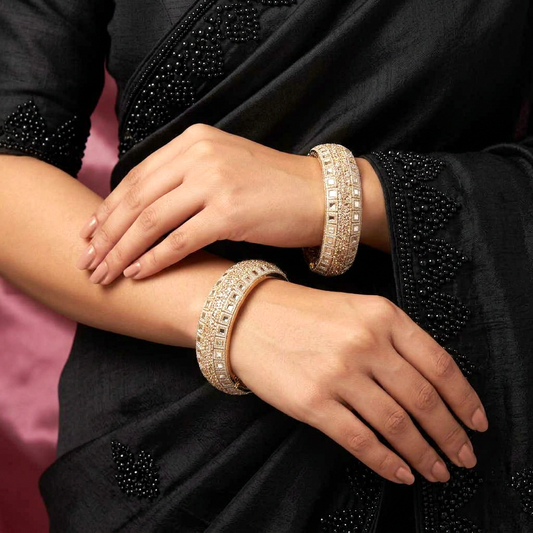 Ivory White Pearl & Kundan Stone Kada Bangles by Enava