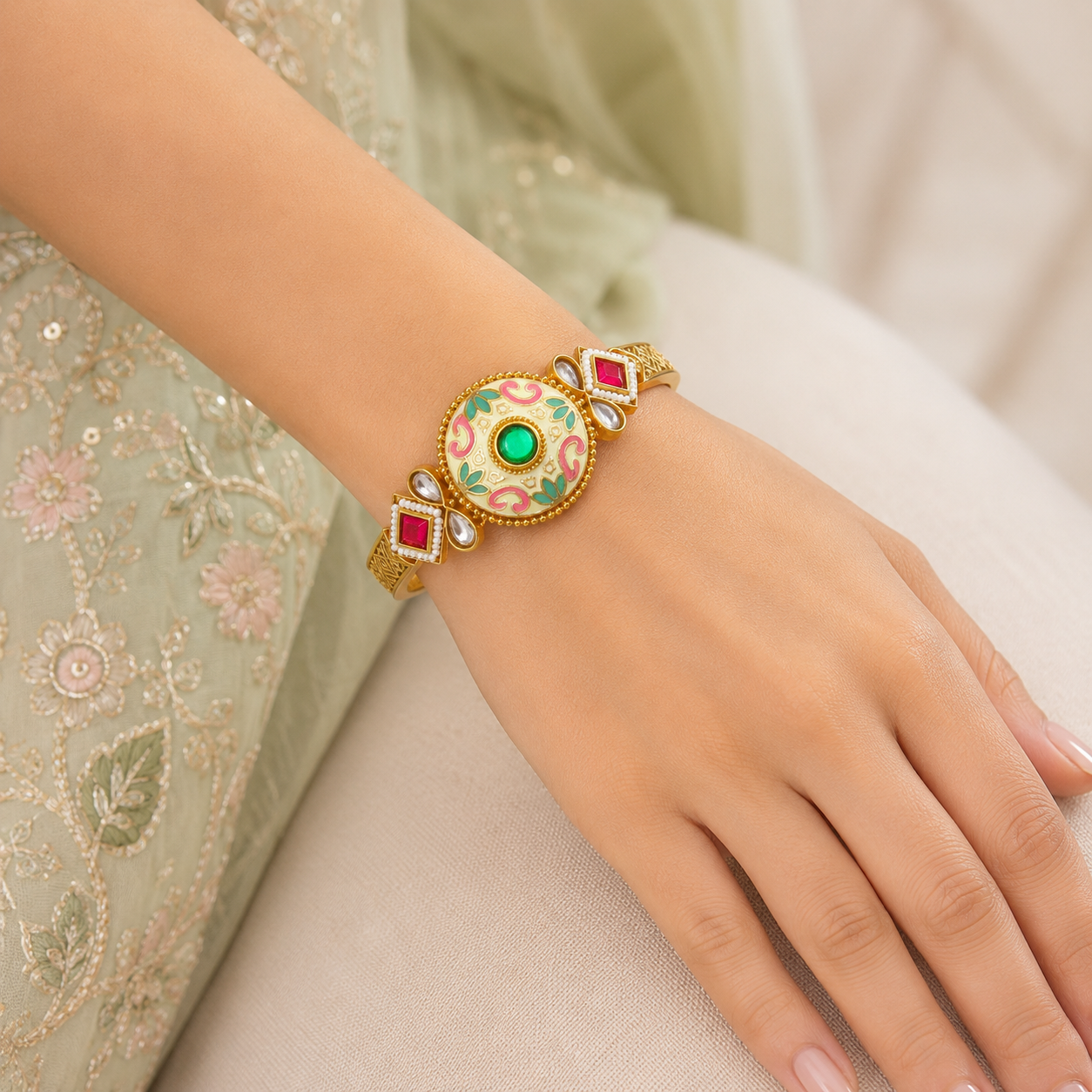 Kalashini Emerald Green Enamel Bracelet by Enava featuring a circular Kundan centerpiece with hand-painted emerald green Meenakari enamel, antique gold finish, adjustable closure, and a premium ethnic statement bracelet for weddings, festive celebrations, and traditional wear.