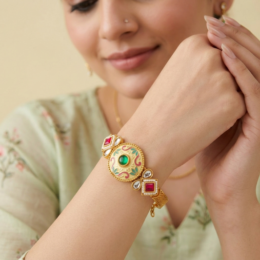 Kalashini Emerald Green Enamel Bracelet by Enava featuring a circular Kundan centerpiece with hand-painted emerald green Meenakari enamel, antique gold finish, adjustable closure, and a premium ethnic statement bracelet for weddings, festive celebrations, and traditional wear.