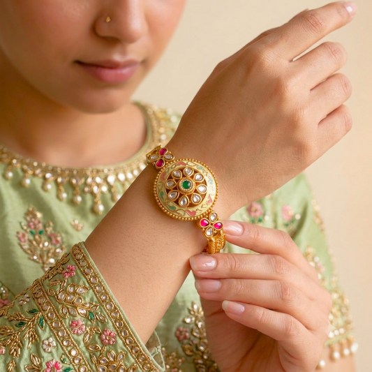 A close-up of a woman wearing a gold-plated Indian Kundan bracelet with red and green stones, adjusting it with her other hand. She is wearing a light green embroidered traditional outfit.