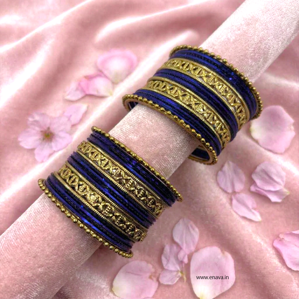 Kids Antique Gold & Dark Blue Color Metal Bangle Set by Enava