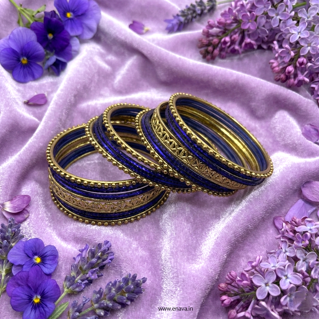 Kids Antique Gold & Dark Blue Color Metal Bangle Set by Enava