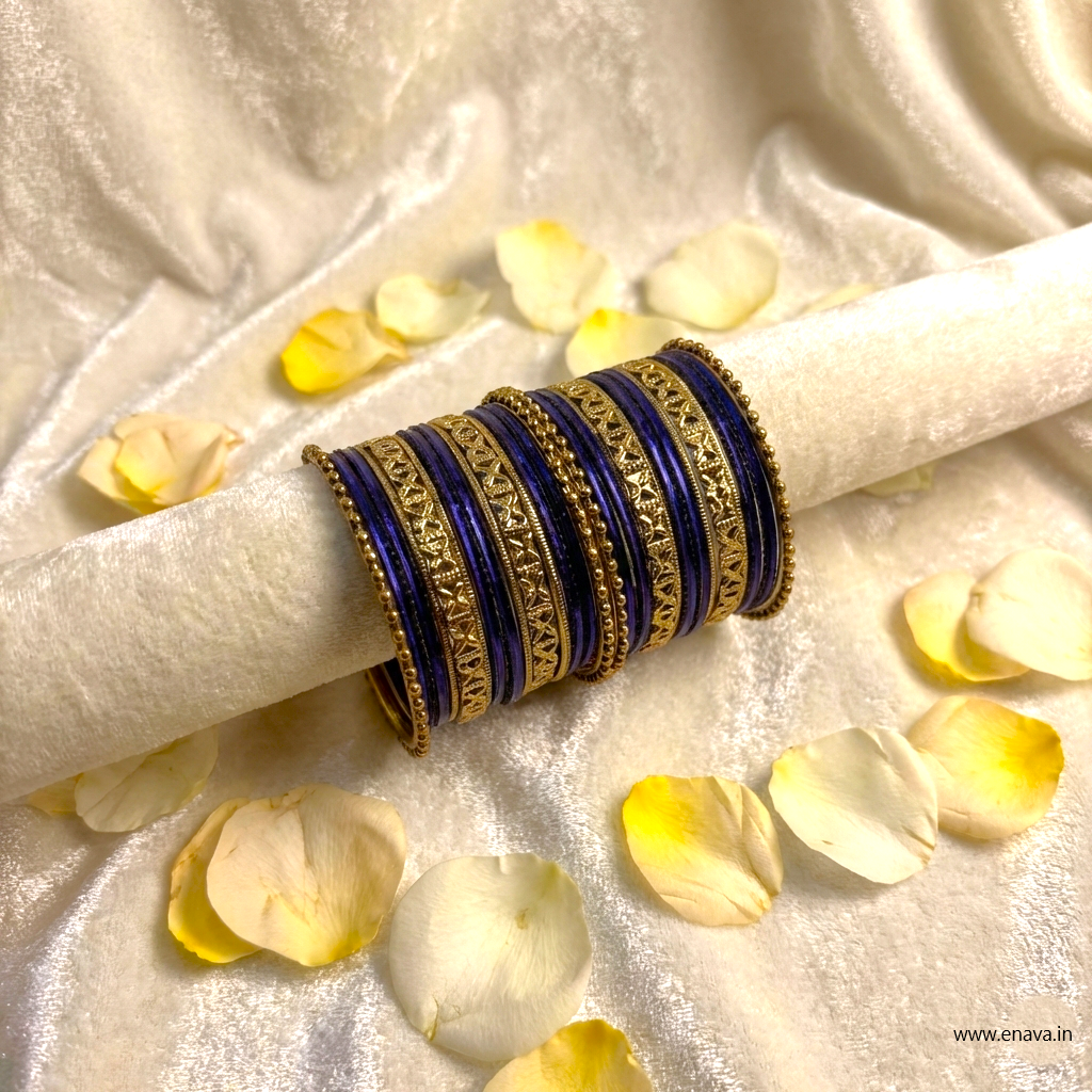 Kids Antique Gold & Dark Blue Color Metal Bangle Set by Enava