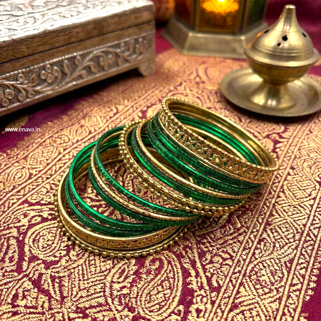Kids Antique Gold & Green Color Metal Bangle Set by Enava