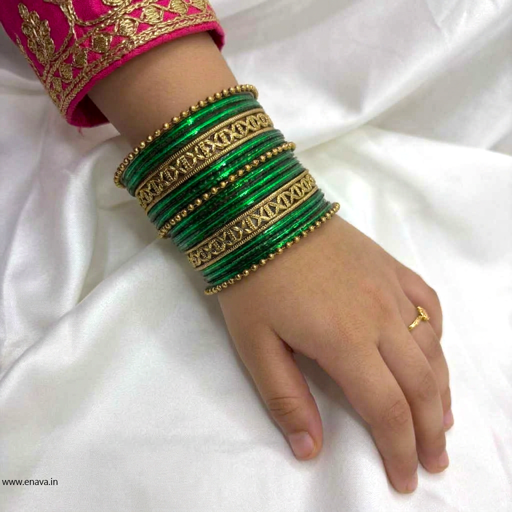 Kids Antique Gold & Green Color Metal Bangle Set by Enava