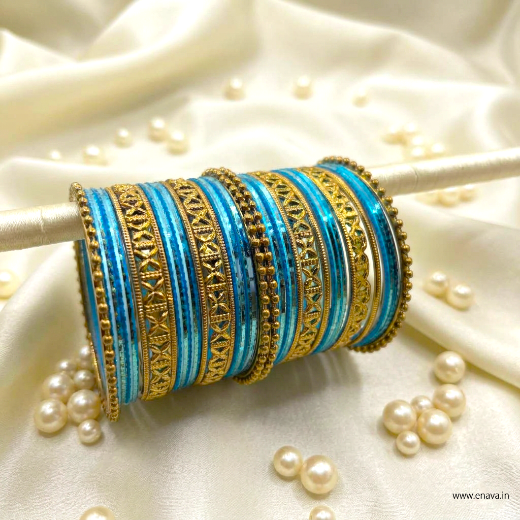 Kids Antique Gold & Light Blue Color Metal Bangle Set by Enava