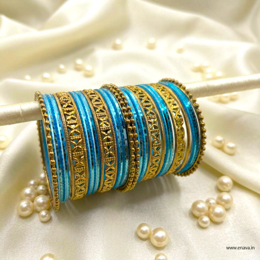 Kids Antique Gold & Light Blue Color Metal Bangle Set by Enava