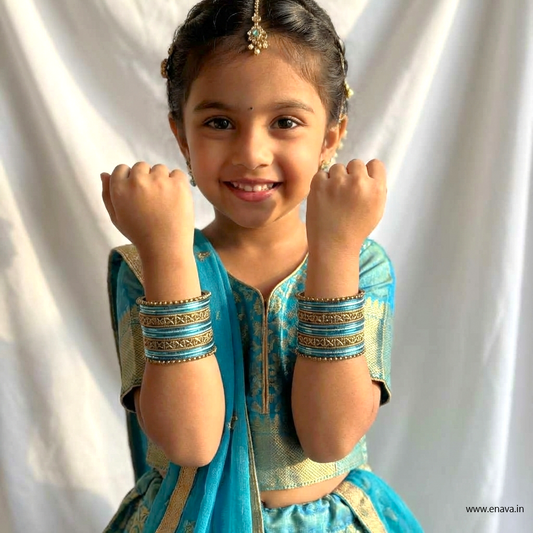 Kids Antique Gold & Light Blue Color Metal Bangle Set by Enava