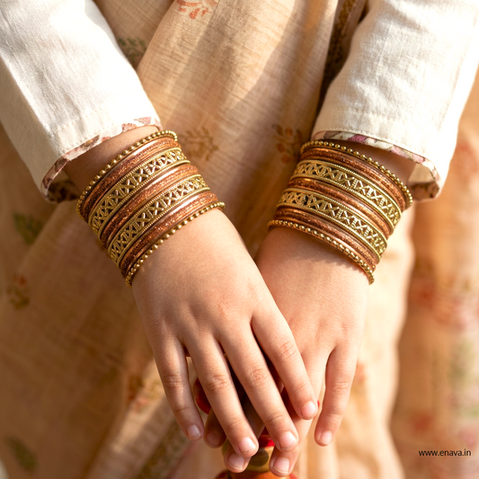 Kids Antique Gold  & Light Peach Color Metal Bangle Set by Enava