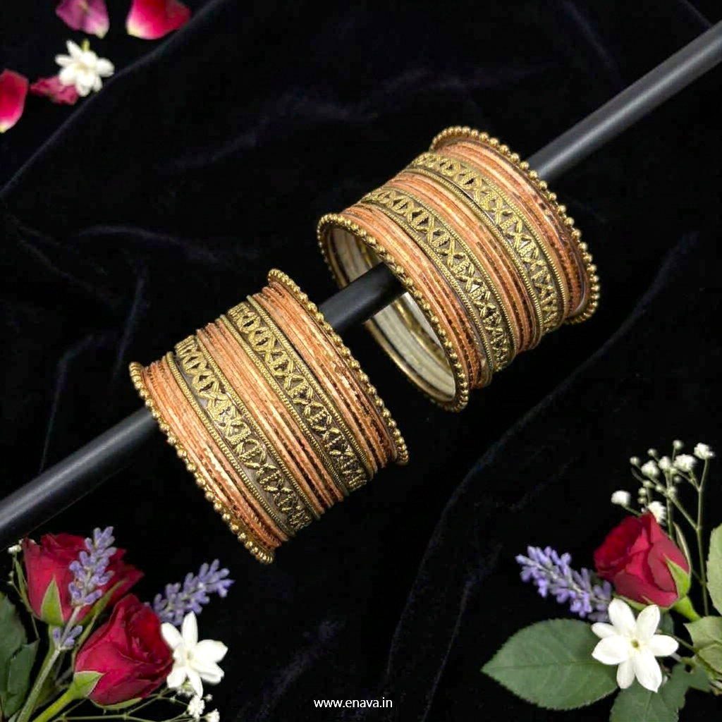 Kids Antique Gold  & Light Peach Color Metal Bangle Set by Enava
