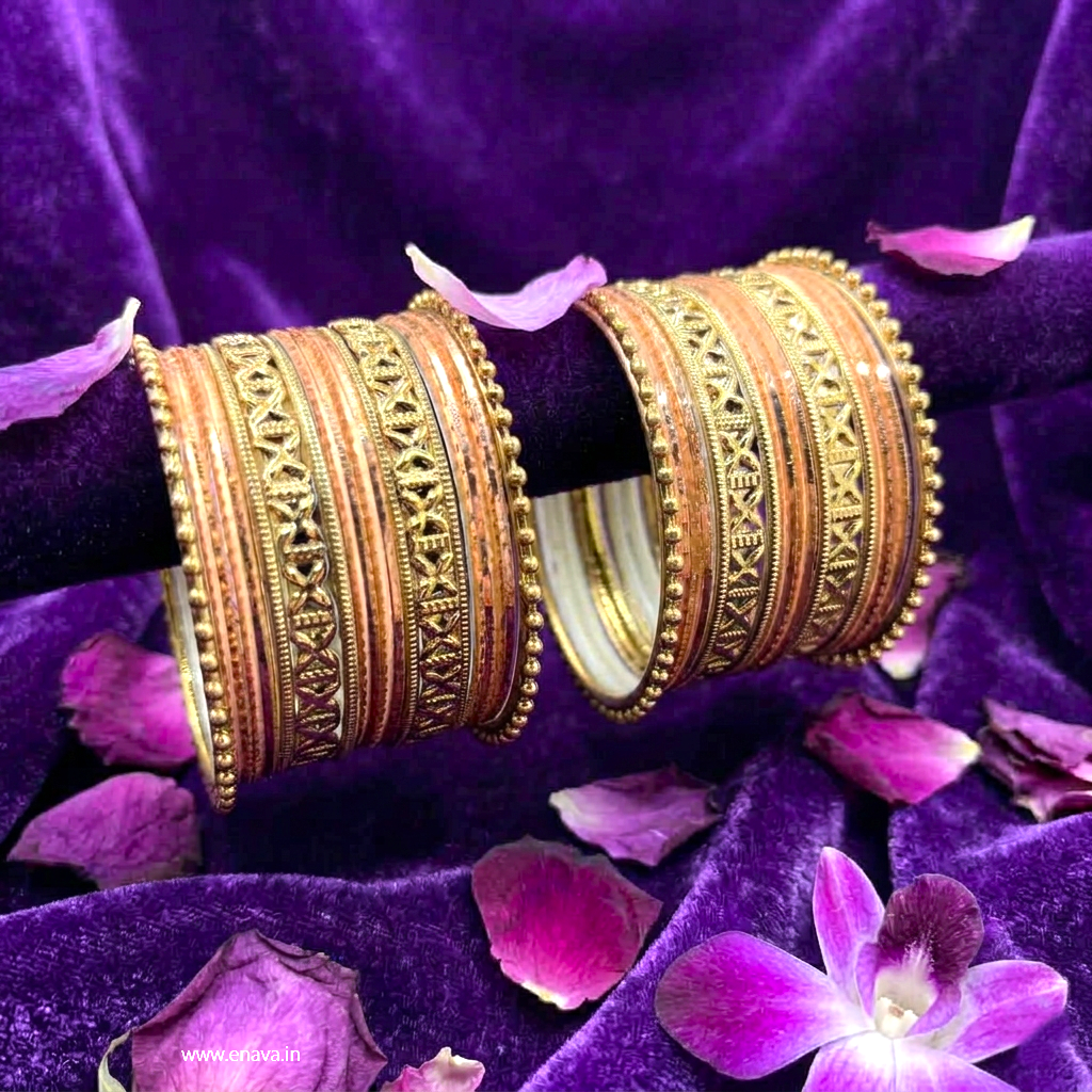 Kids Antique Gold  & Light Peach Color Metal Bangle Set by Enava