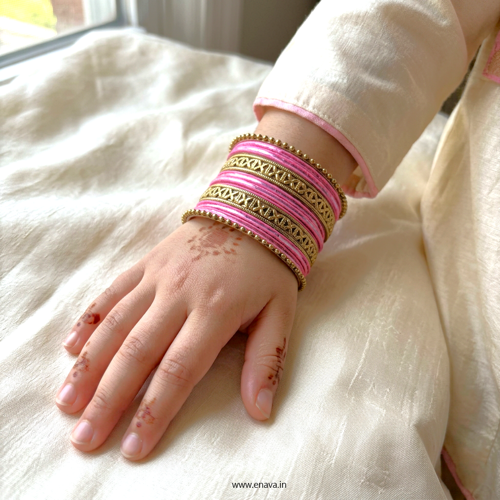 Kids Antique Gold & Light Pink Color Metal Bangle Set by Enava