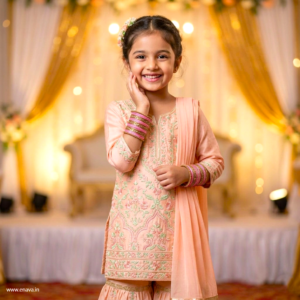 Kids Antique Gold & Light Pink Color Metal Bangle Set by Enava