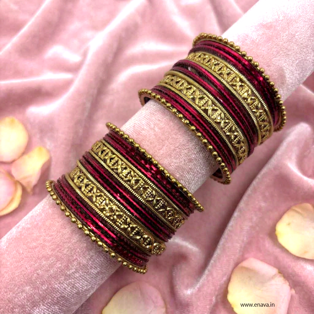 Kids Antique Gold & Maroon Color Metal Bangle Set by Enava