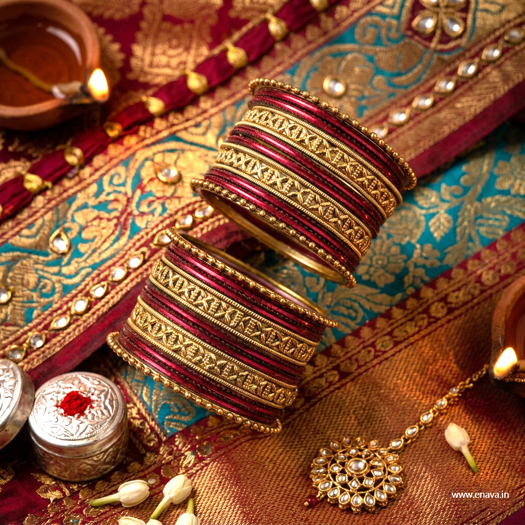 Kids Antique Gold & Maroon Color Metal Bangle Set by Enava