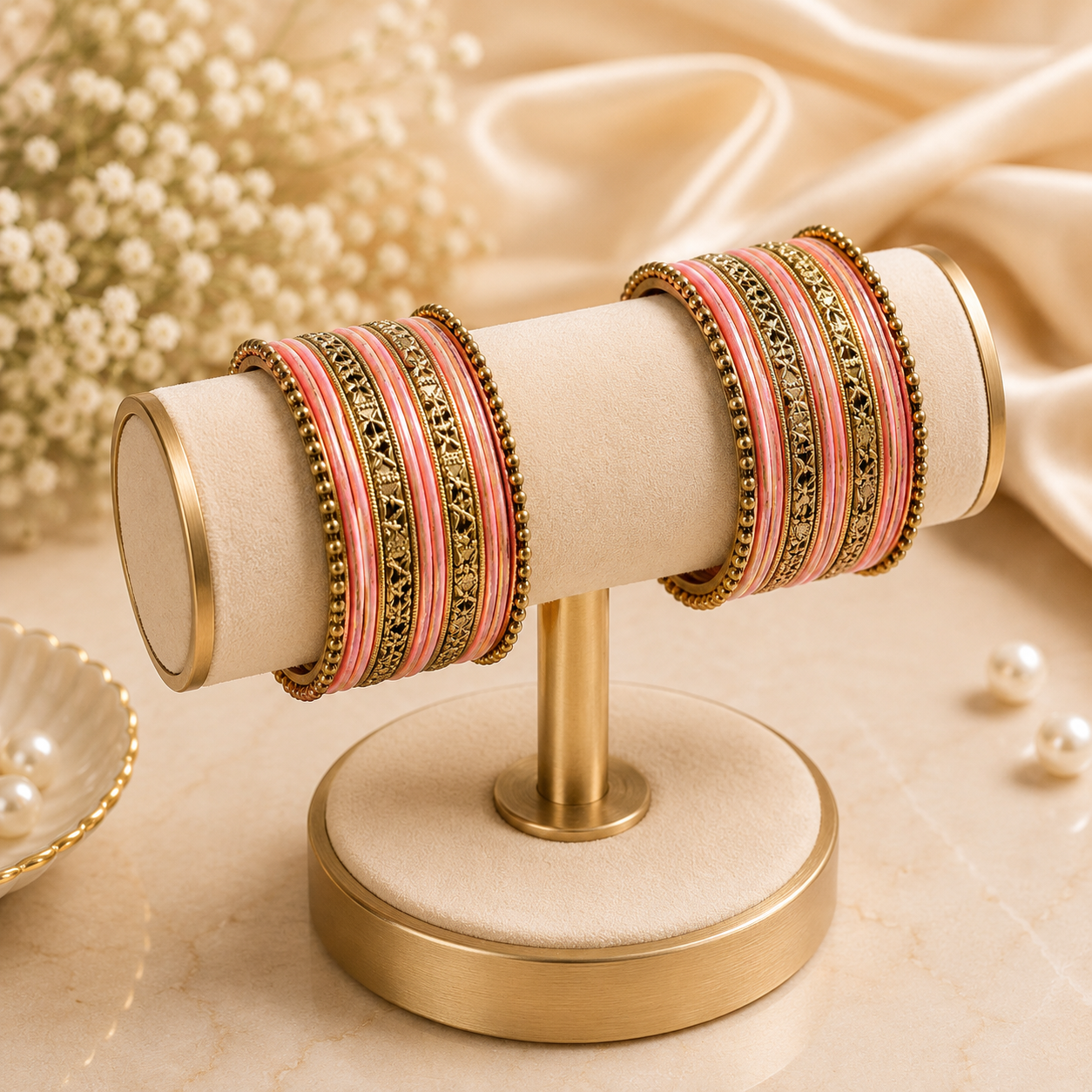 Kids Antique Gold & Peach Color Metal Bangle Set