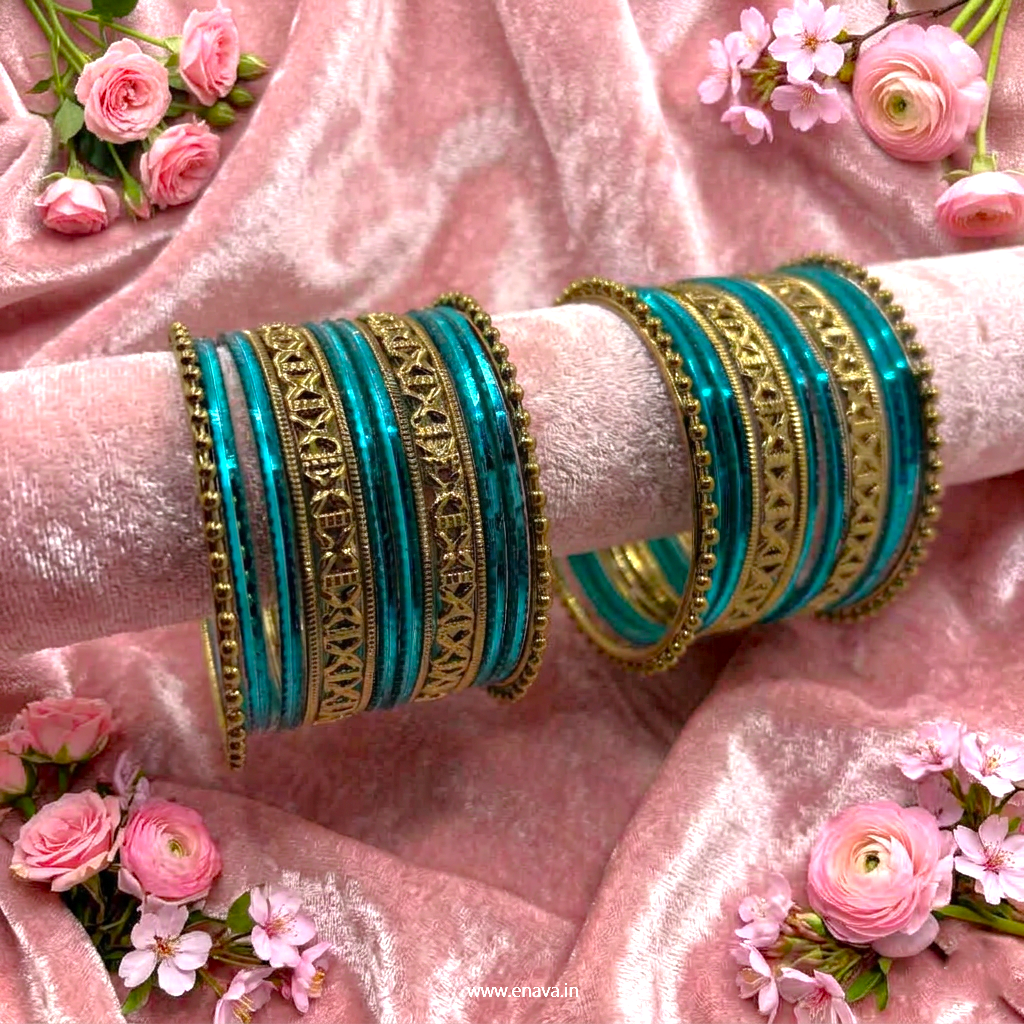 Kids Antique Gold & Peacock Green Color Metal Bangle Set by Enava