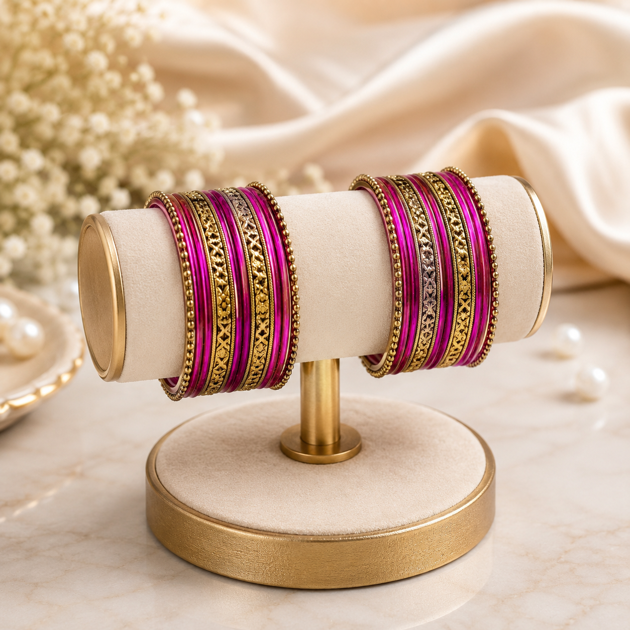 Kids Antique Gold & Pink Color Metal Bangle Set