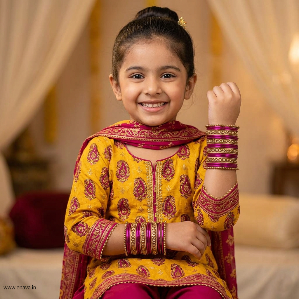 Kids Antique Gold & Pink Color Metal Bangle Set by Enava
