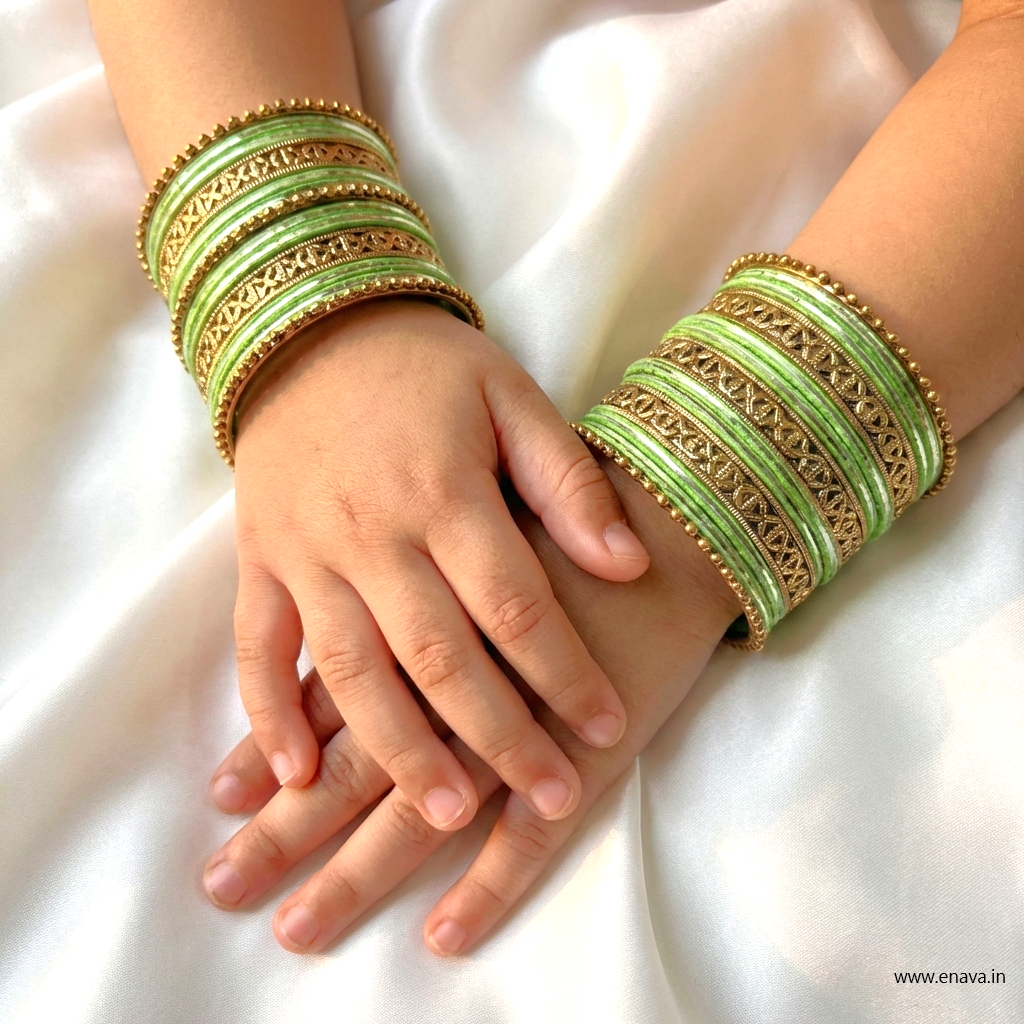 Kids Antique Gold & Pista Color Metal Bangle Set by Enava