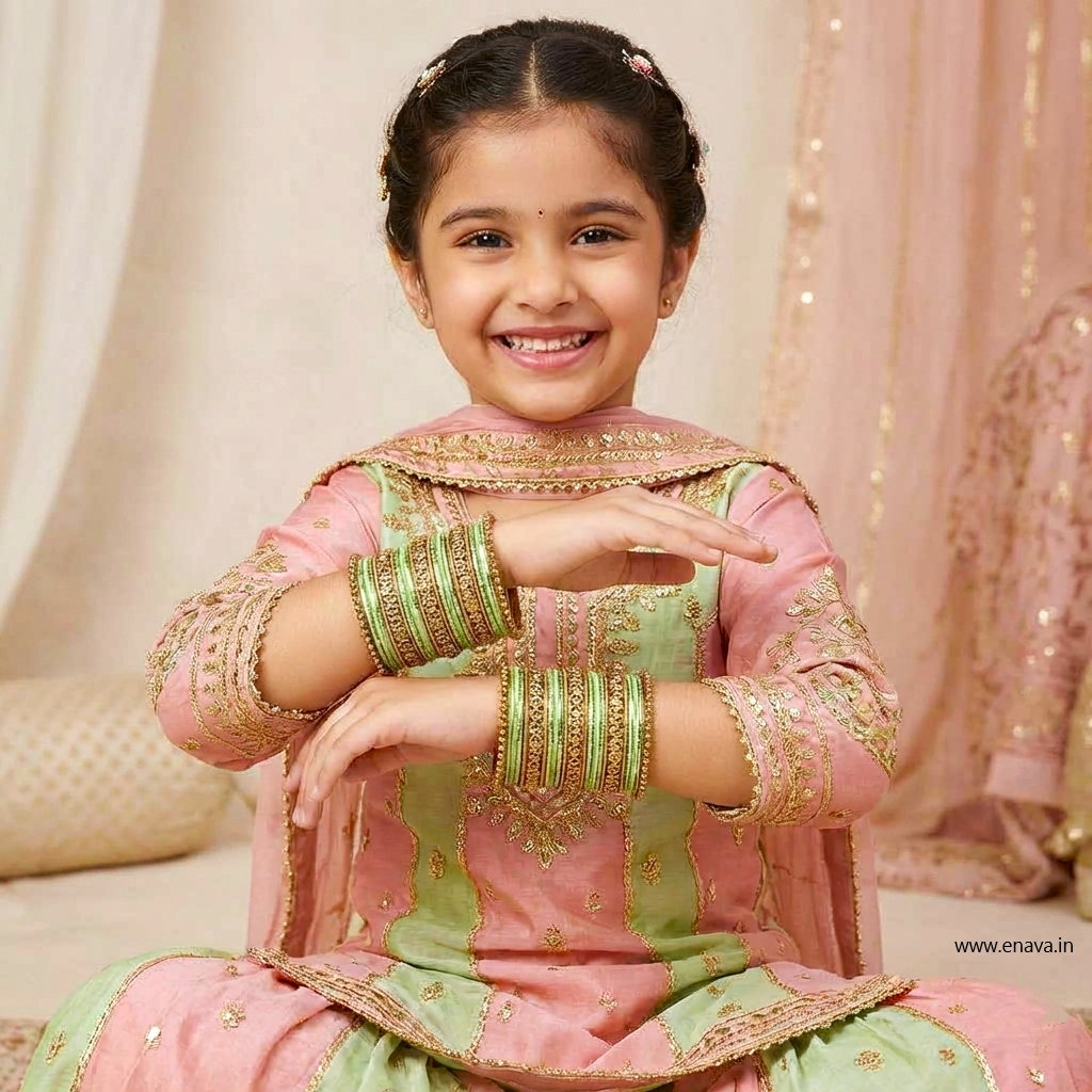 Kids Antique Gold & Pista Color Metal Bangle Set by Enava