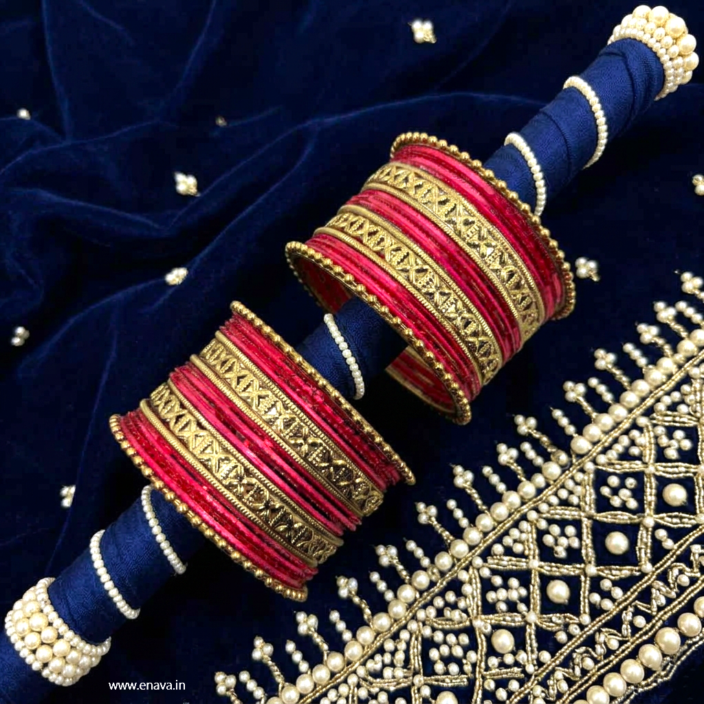 Kids Antique Gold  & Red Color Metal Bangle Set by Enava