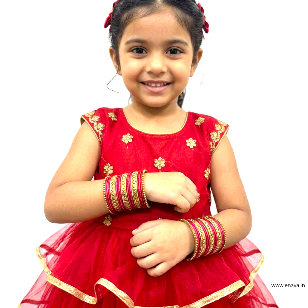 Kids Antique Gold  & Red Color Metal Bangle Set by Enava