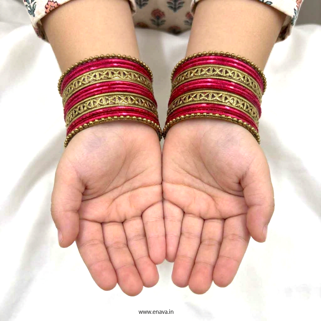 Kids Antique Gold  & Red Color Metal Bangle Set by Enava