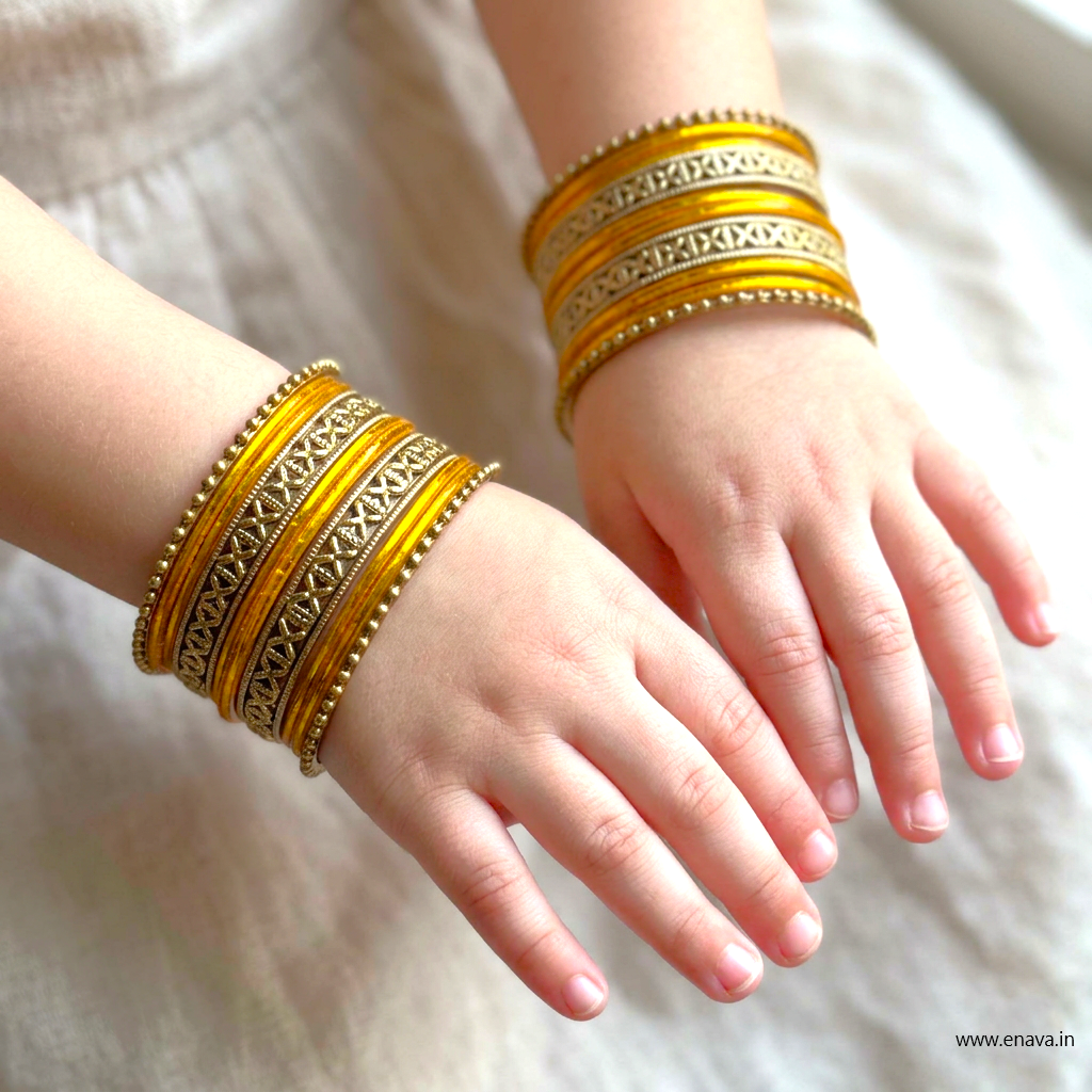 Kids Antique Gold  & Yellow Color Metal Bangle Set by Enava