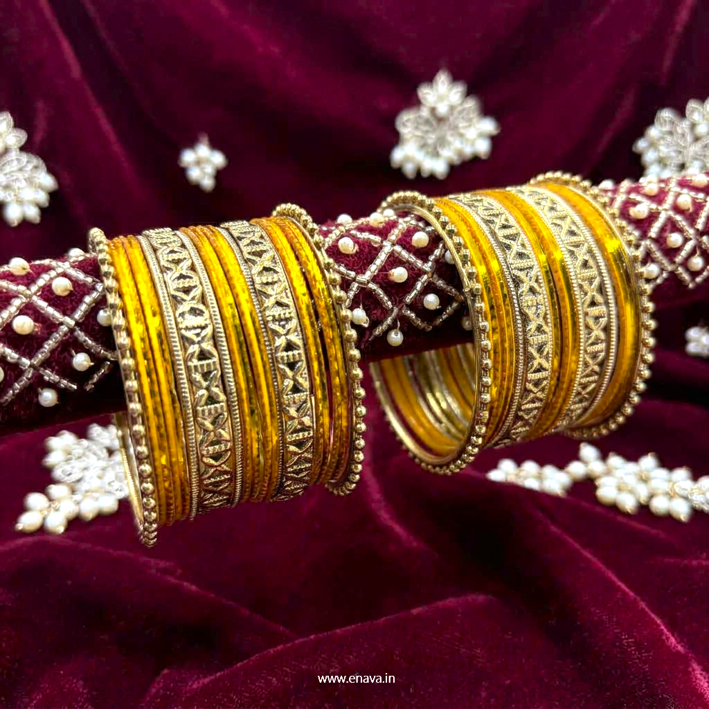 Kids Antique Gold  & Yellow Color Metal Bangle Set by Enava