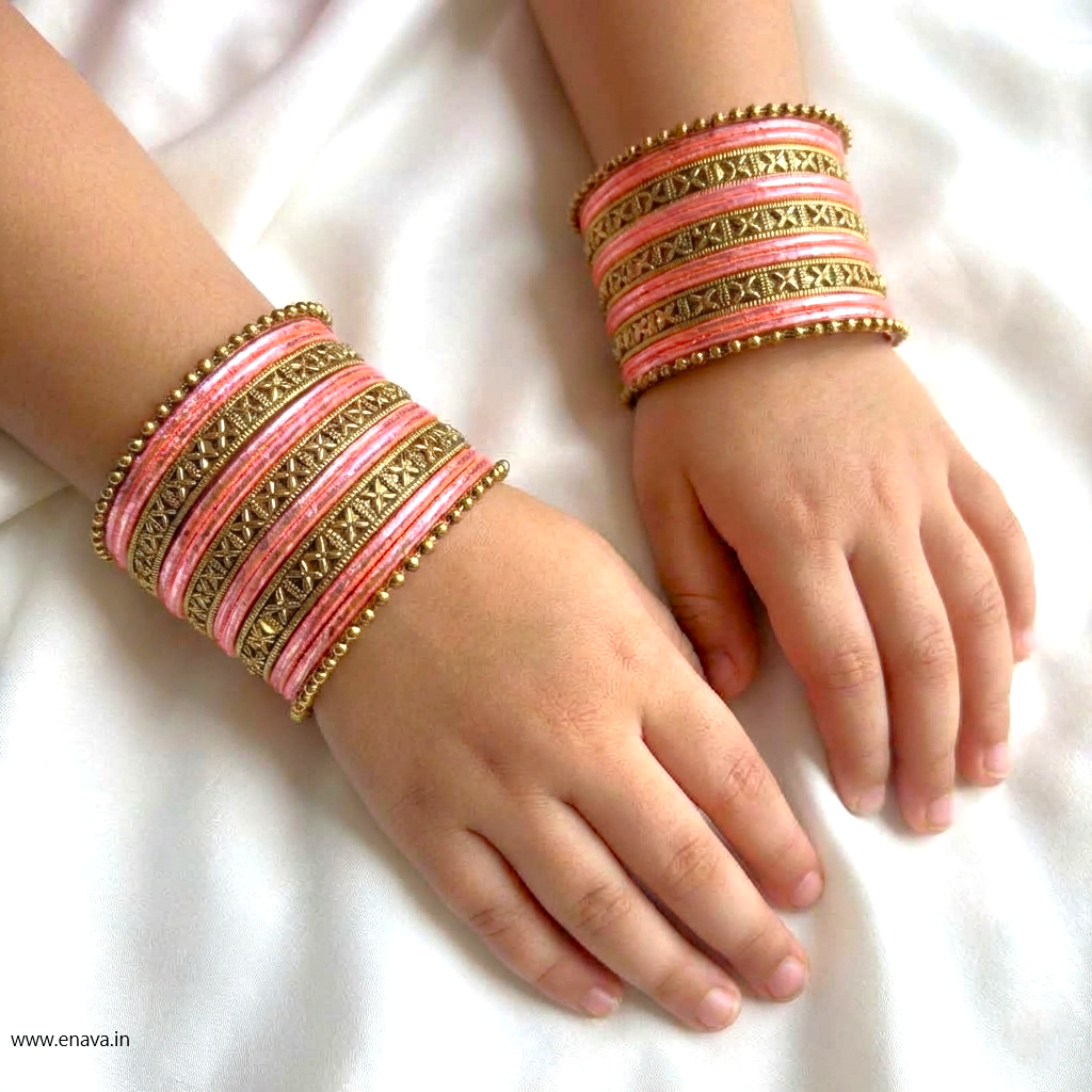 Kids Antique Gold & Peach Color Metal Bangle Set by Enava