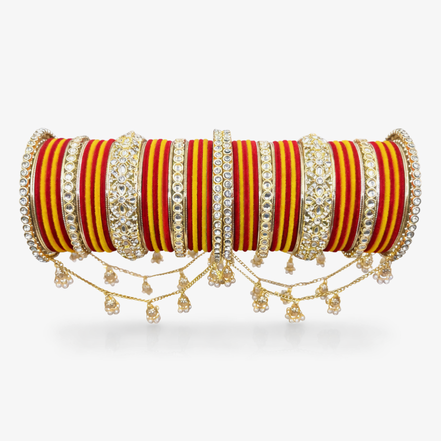 Designer Kundan Latkan Jhula Stone Red Yellow Velvet Chuda by Enava