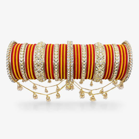 Designer Kundan Latkan Jhula Stone Red Yellow Velvet Chuda by Enava