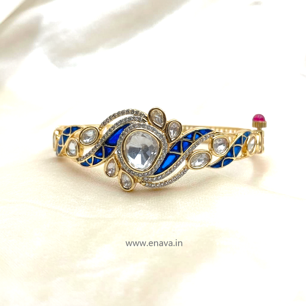 Kundan Stone Blue Openable Bracelet with Gold Plating By Enava Bracelet Enava Jewels.