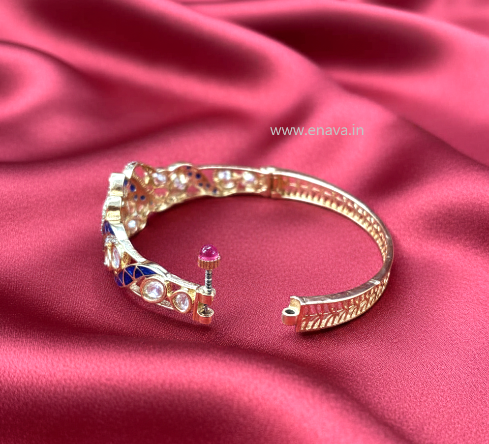 Kundan Stone Blue Openable Bracelet with Gold Plating By Enava Bracelet Enava Jewels.