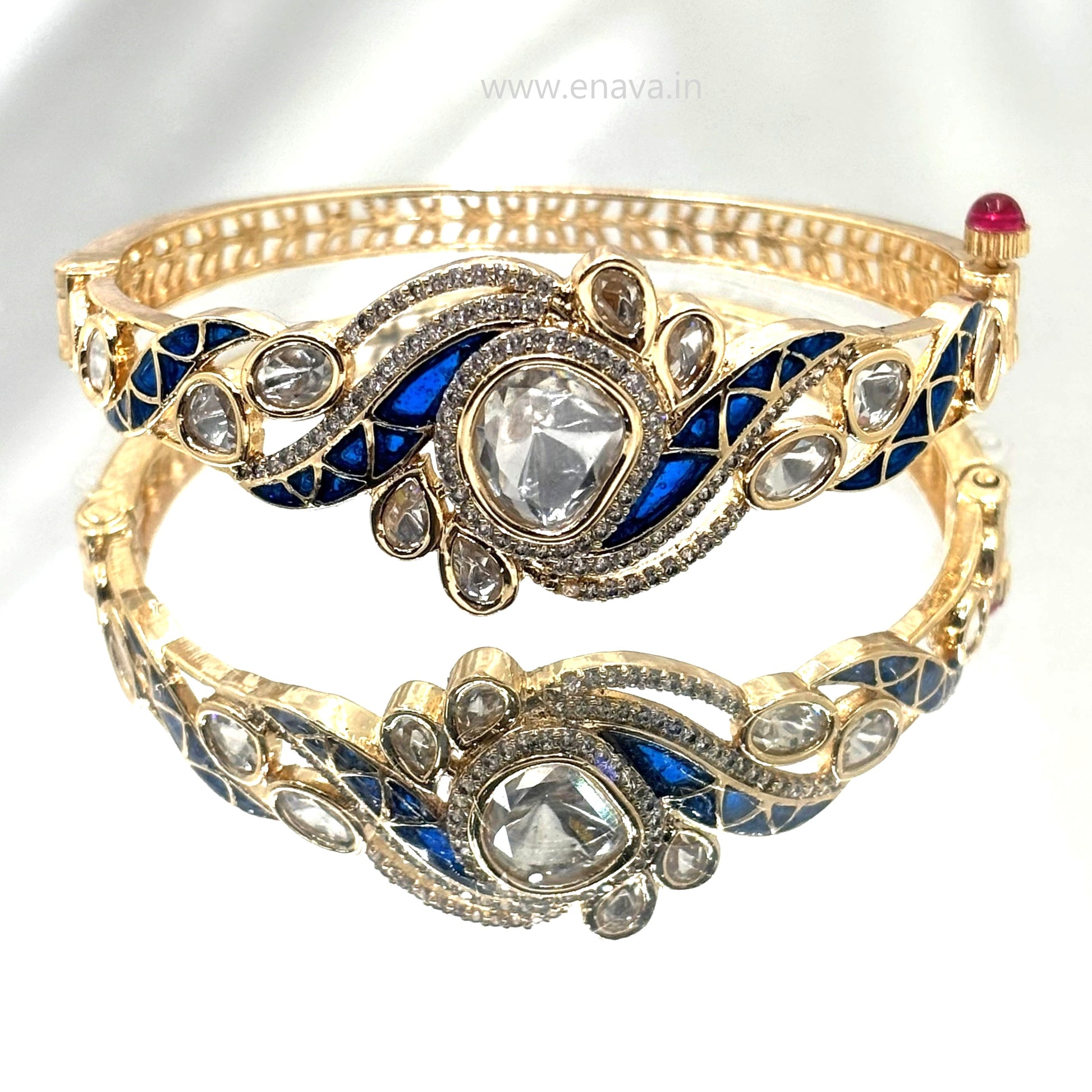 Kundan Stone Blue Openable Bracelet with Gold Plating By Enava Bracelet Enava Jewels.