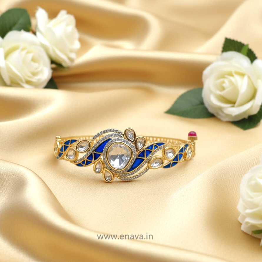 Kundan Stone Blue Openable Bracelet with Gold Plating By Enava Bracelet Enava Jewels.