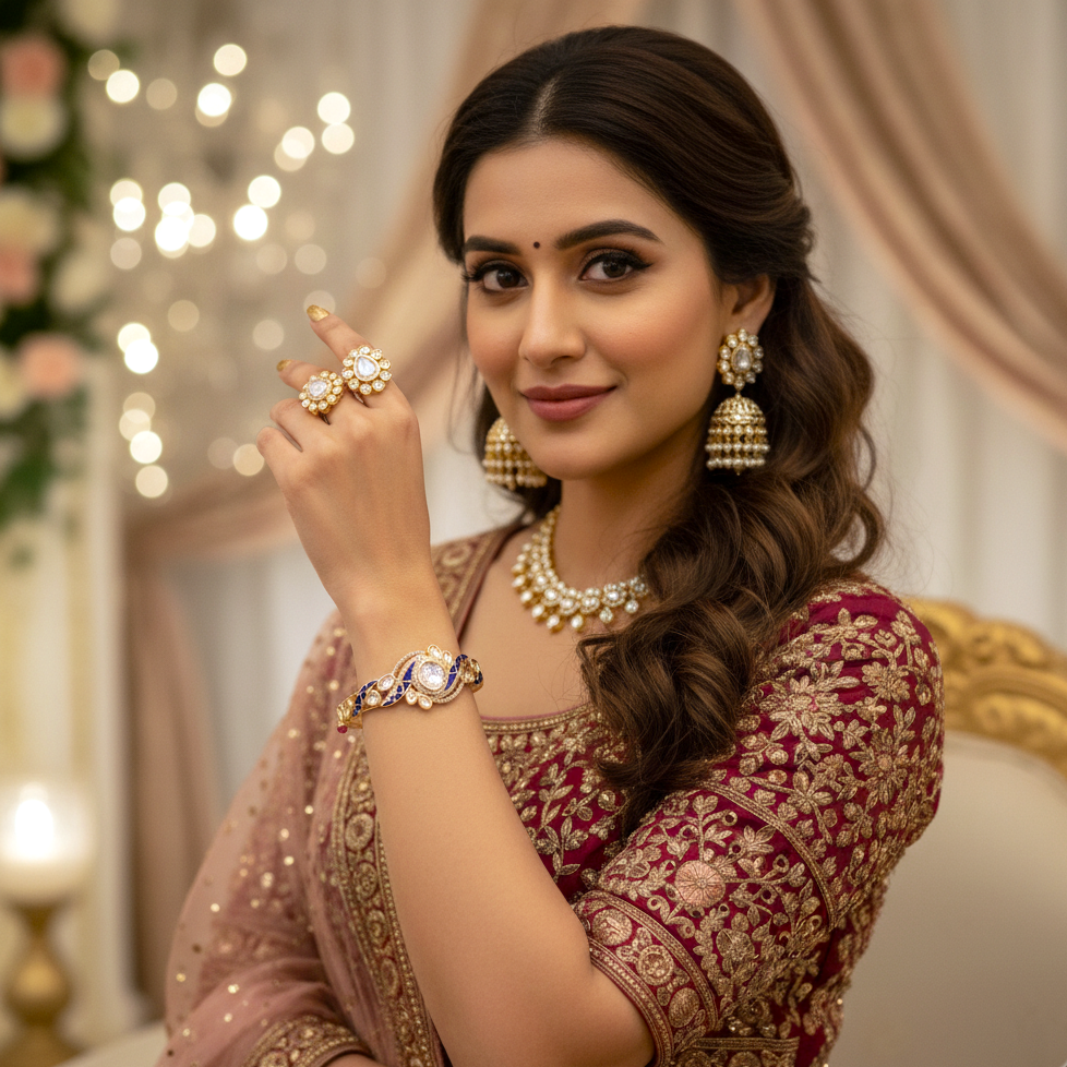 Kundan Stone Blue Openable Bracelet with Gold Plating By Enava Bracelet Enava Jewels.