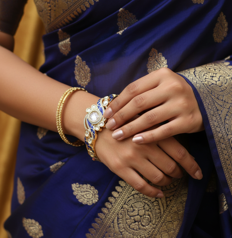 Kundan Stone Blue Openable Bracelet with Gold Plating By Enava Bracelet Enava Jewels.