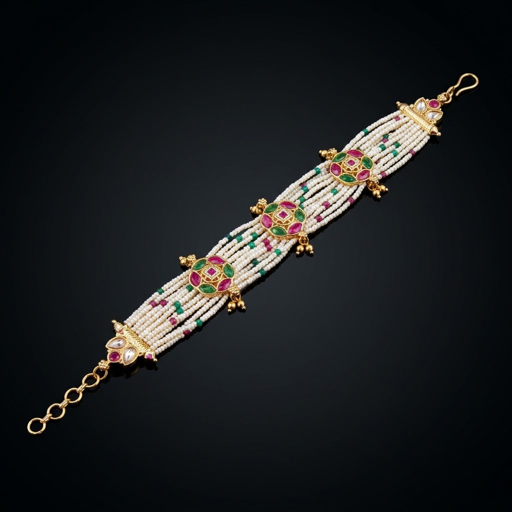 Kundan Blossom Ethnic Bracelet with pearl detailing and traditional Kundan motifs, elegant ethnic Indian designer bracelet for women by ENAVA.