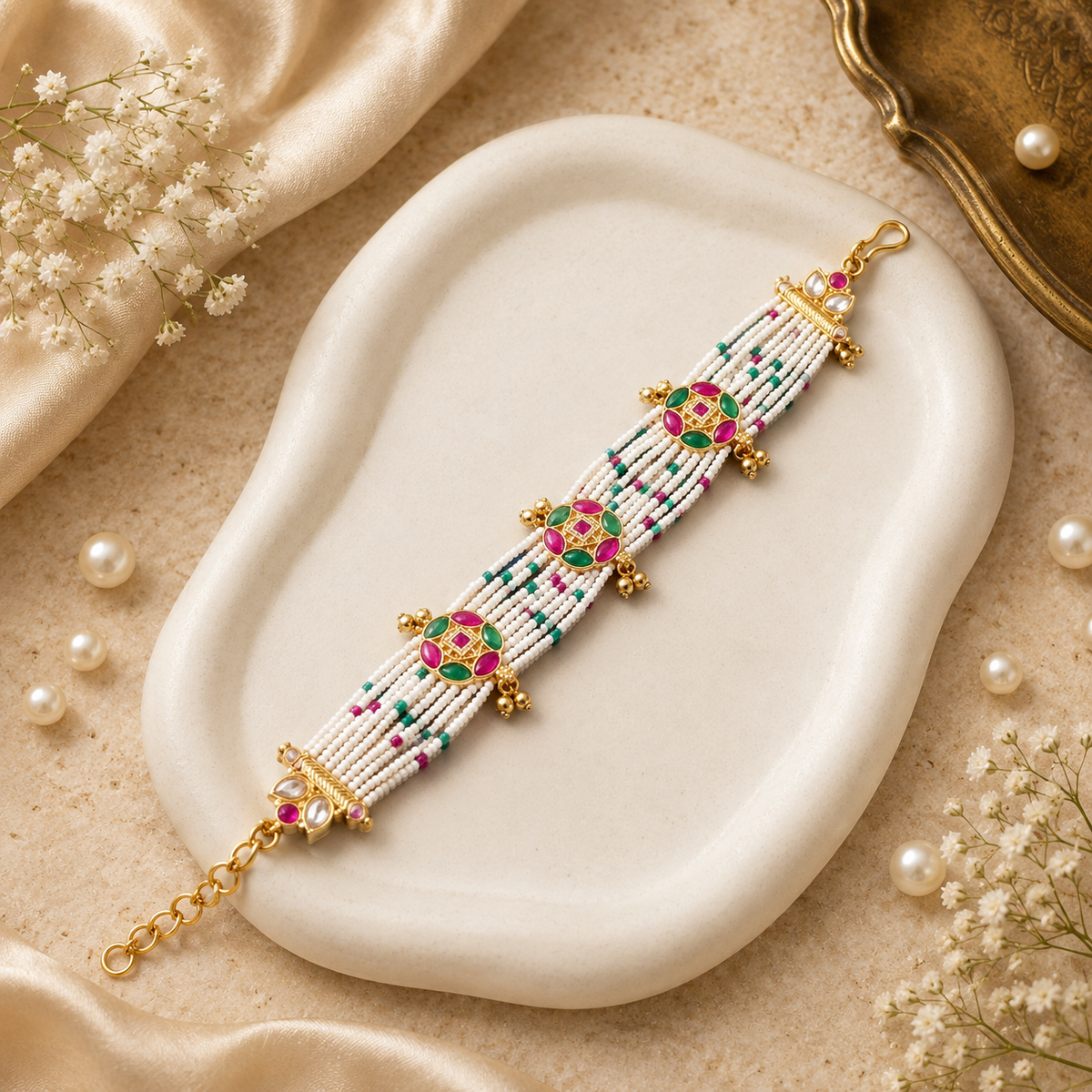 Kundan Blossom Ethnic Bracelet with pearl detailing and traditional Kundan motifs, elegant ethnic Indian designer bracelet for women by ENAVA.