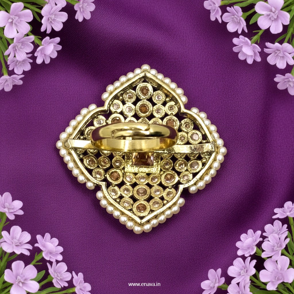Kundan Pearl Antique Gold Big Size Ring by Enava Ring Enava Jewels.