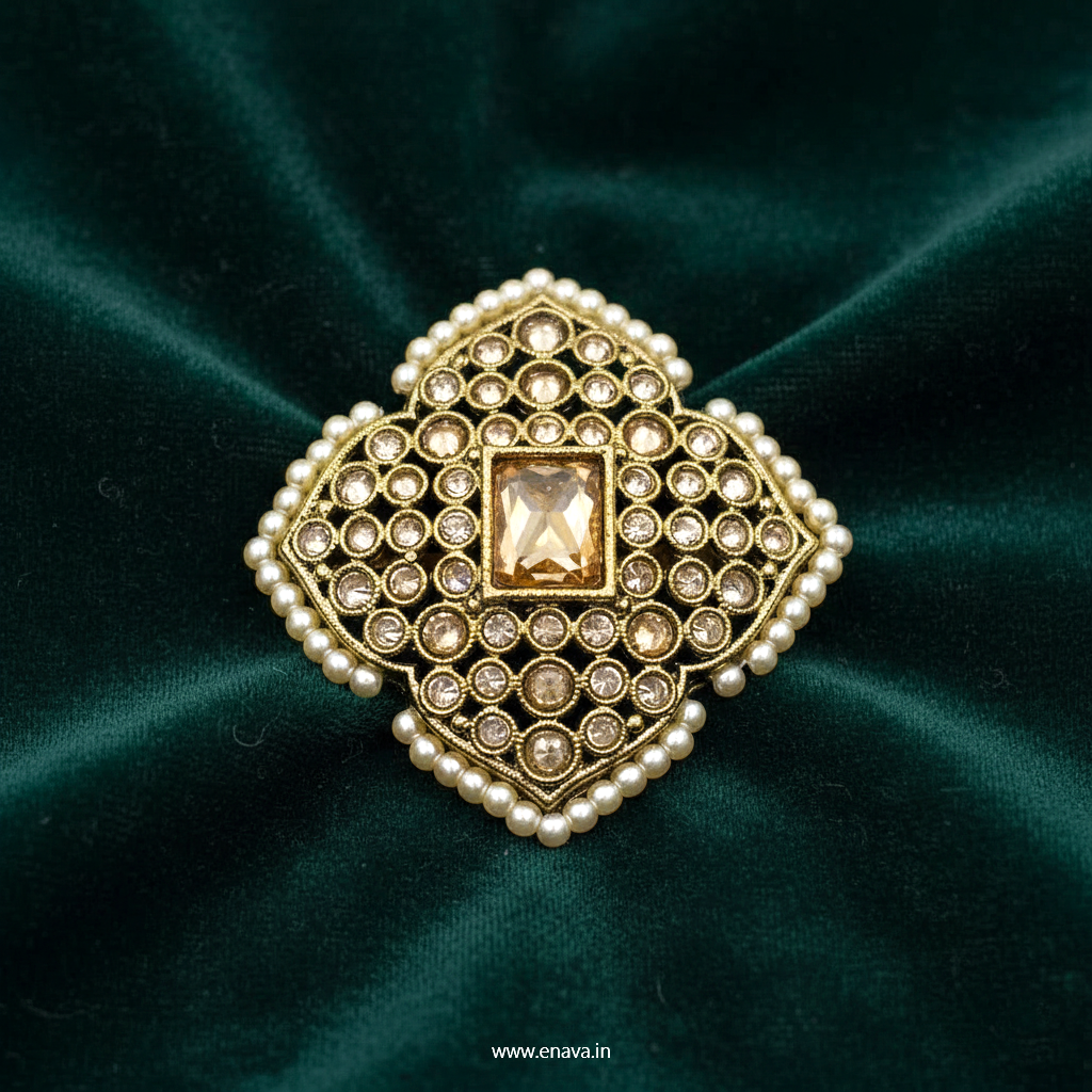 Kundan Pearl Antique Gold Big Size Ring by Enava Ring Enava Jewels.