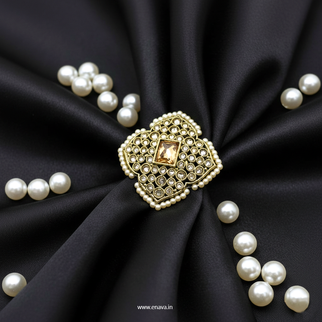 Kundan Pearl Antique Gold Big Size Ring by Enava Ring Enava Jewels.