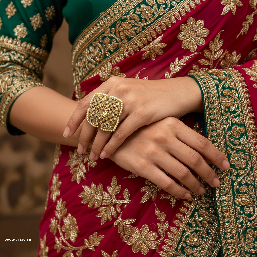 Kundan Pearl Antique Gold Big Size Ring by Enava Ring Enava Jewels.