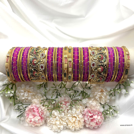 Magenta Rani Pink Peacock Stone Meenakari Designer Bangles Set by Enava